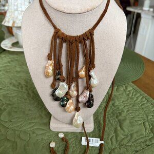 Rarities Carol Brodie Baroque Pearl Suede Waterfall Bolo Necklace Multi Color